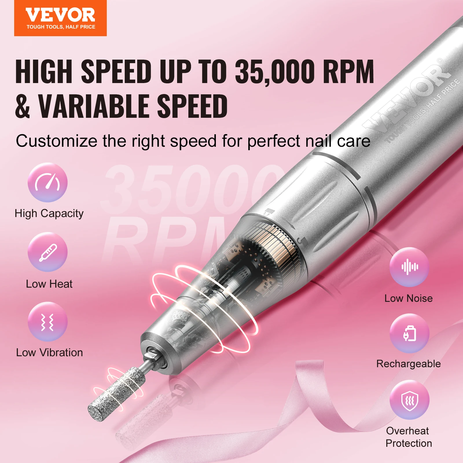 VEVOR Electric Rechargeable Nail Drill 35000/4000RPM Portable Cordless Nail E File Machine for Manicure Pedicure Carve Polish