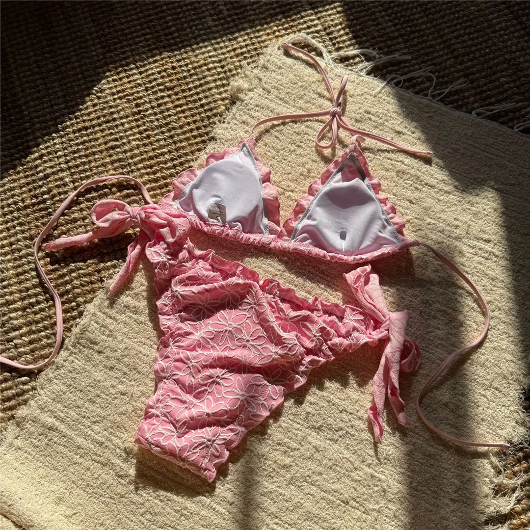 Bedruckter Neckholder-Bikini mit Rüschen, Damen-Badeanzug, zweiteiliges Bikini-Set, gepolsterter Badeanzug, Badebekleidung, Modell V6972. – Detail 14
