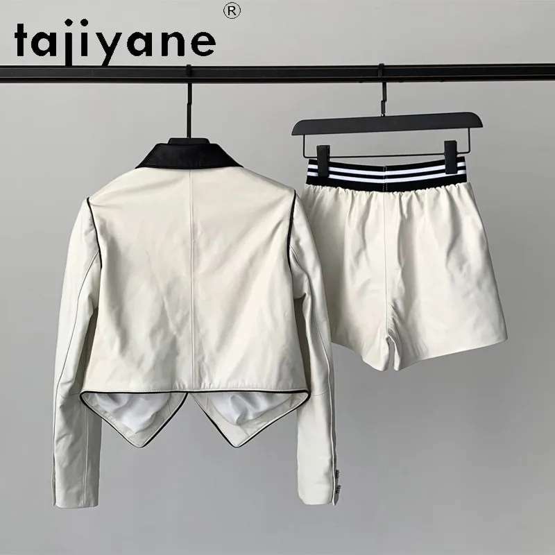 TAJIYANE Sheepskin Genuine Leather Jacket Women Short Contrast‑color Leather Coat Slim Fit Jackets Lapel Outerwear Chic Jaqueta