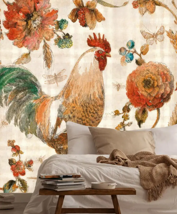 French Retro Flower Oil Painting Rooster Butterfly Flower Wallpaper Home Decoration Customizable Size Pattern Living Room Mural
