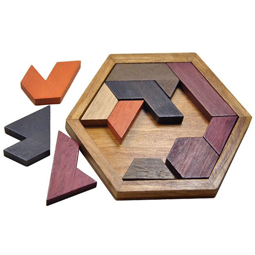 Classical Hexagonal Wooden Tangram Board IQ Brain Teaser Educational Toys Puzzles Board