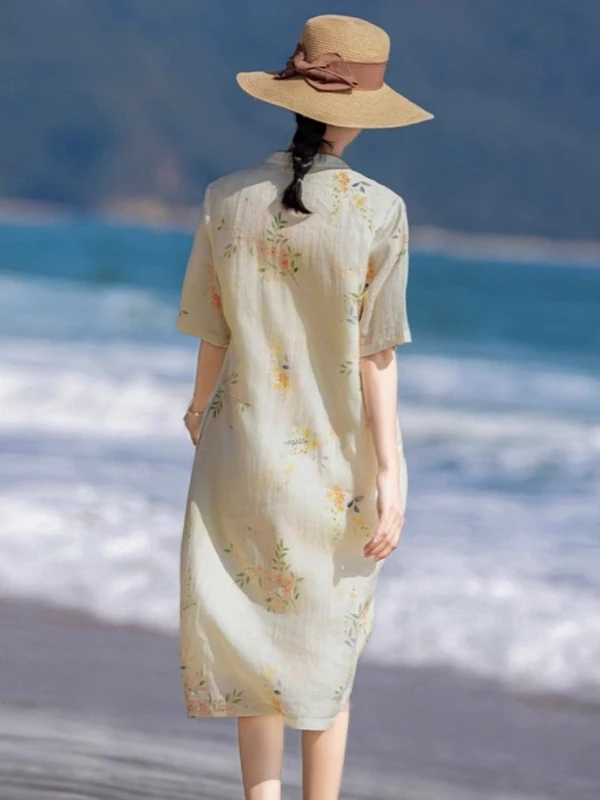 Elegancka damska bawełniana sukienka z nadrukiem, stójką, zapinana na guziki, w stylu modyfikowanego qipao, nowa letnia, do pracy, miękka, średniej długości, długa spódnica.