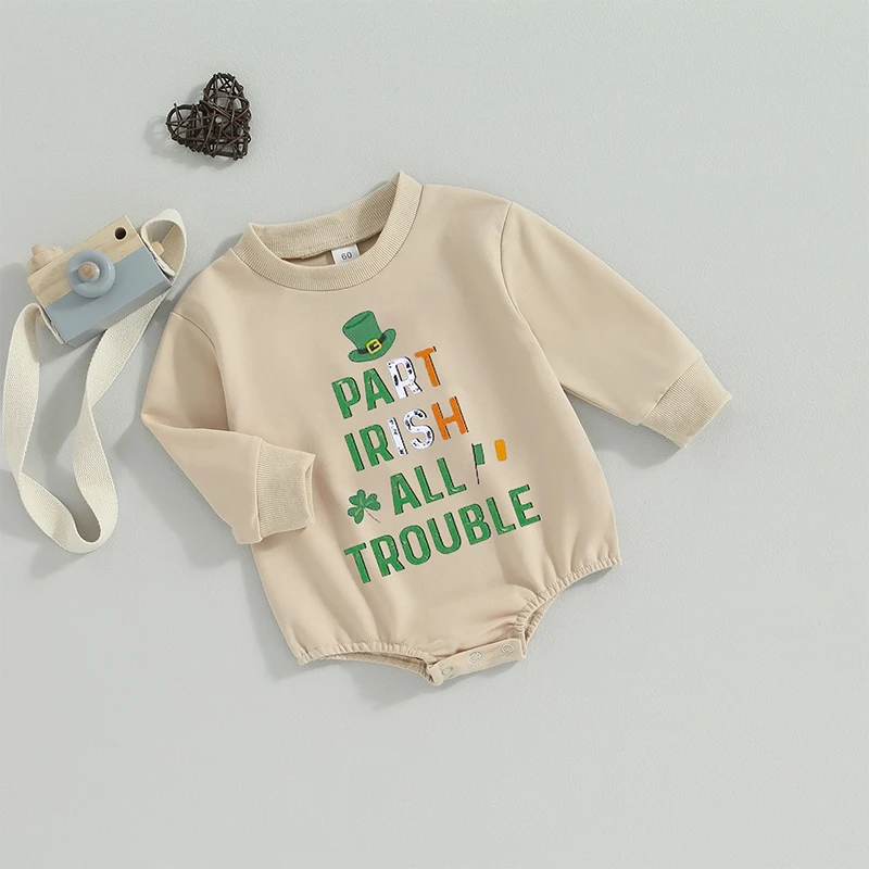 

Baby Girls Boys Sweatshirts Rompers Ireland Festival Clothes Top Hat Letter Clover Print Long Sleeve Toddler Spring Bodysuits