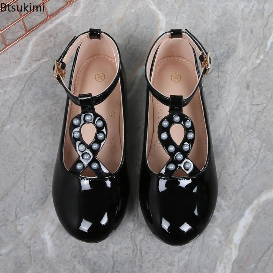 Preppy Style Elegant Black Girl Dress Shoes Girl Fashion Pearls Party Princess Shoes Ballet Dance Girls Comfortable Flat Shoes