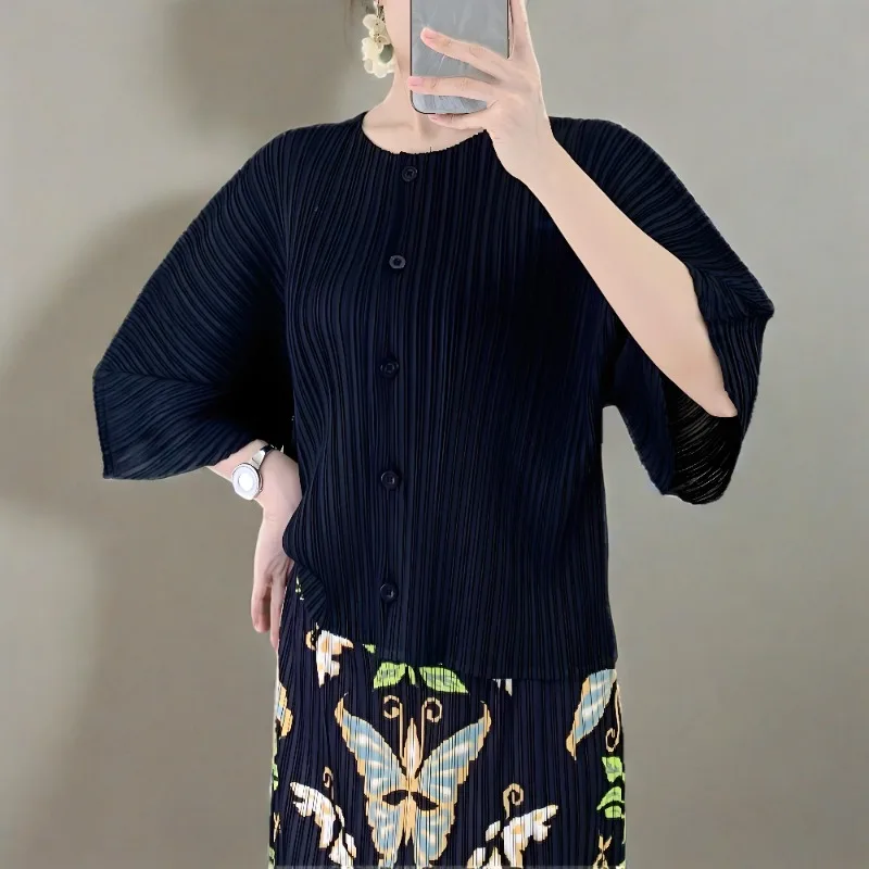 

Miyake плиссированная рубашка, простая короткая куртка, женская мода, однотонный кардиган с круглым вырезом, универсальный повседневный женский топ, лето 2023 г.