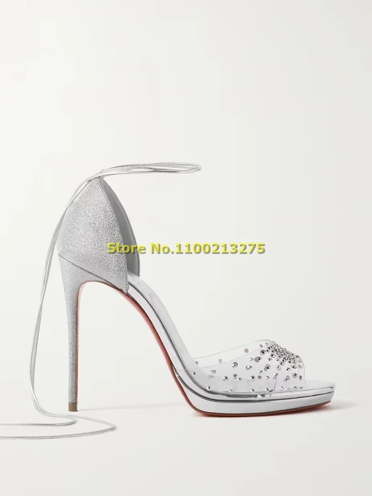 Silver Clear PVC Lace Up Sandals Open Toe Thin High Heel Platform Ankle Strap Crystal Summer Fashion Women Shoes Custom Made