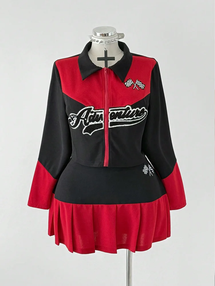 Übergrößen Retro Racing 2-teiliges Outfit, Y2K Colorblock Reißverschlussjacke & Faltenrock-Set, Streetwear Casual Trainingsanzug – Detail 7