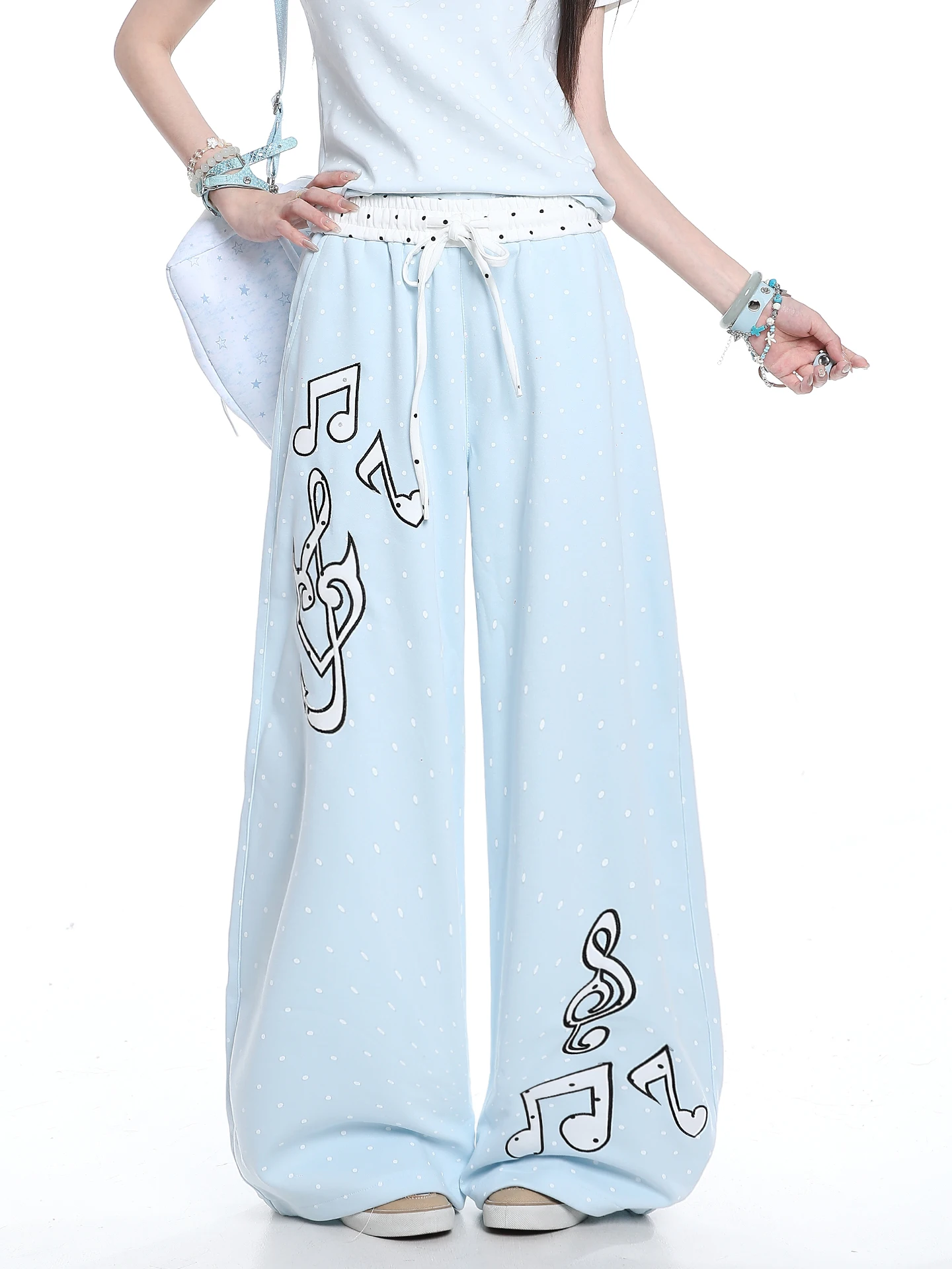 American Casual Polka Dot Note Embroidery Straight Leg Pants Women's Summer Color Block Belted Skin-friendly Breathable Loose...