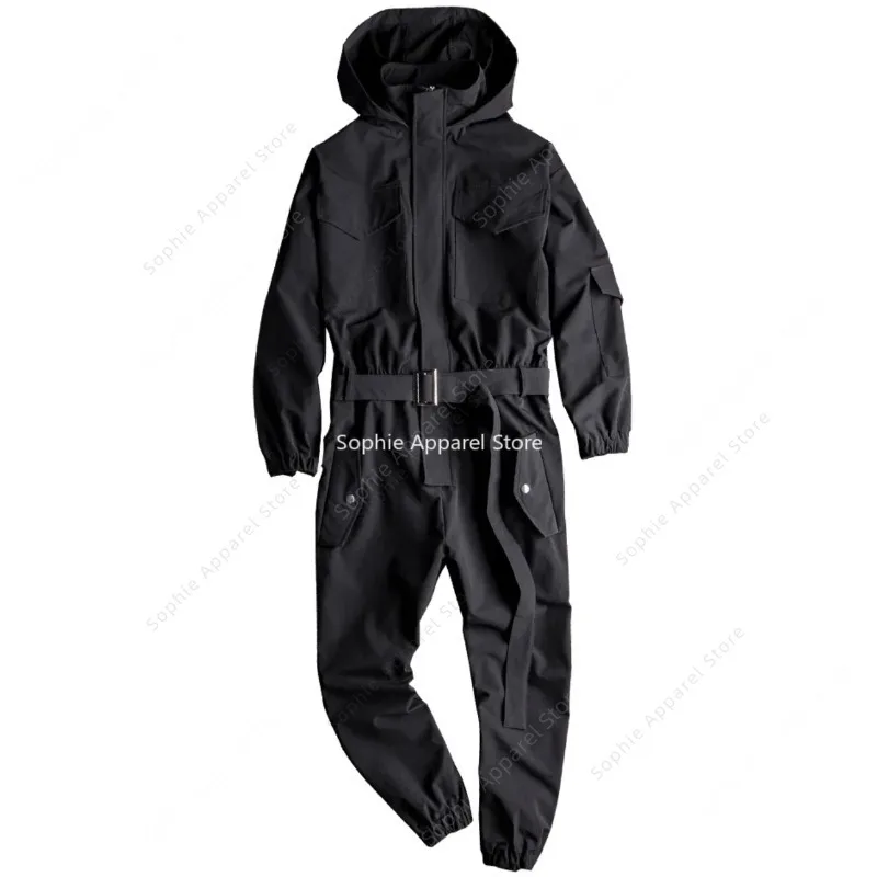 Men's Jumpsuit Summer Long Sleeve Hooded Multi-Pocket Beam Feet Overalls Streetwear Clothes Cargo Pants Hip Hop Black Trousers