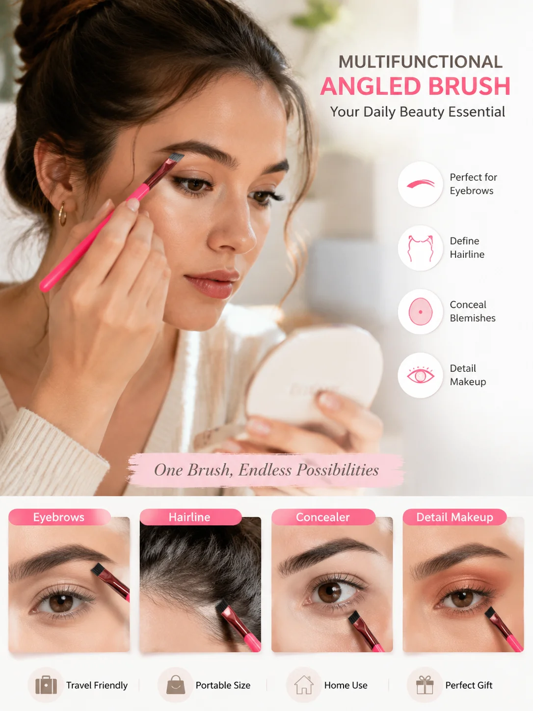 Concealer Brush Oblique Angle Eyebrow Brush Hair Line Portable Makeup Brush Wild Eyebrow Brush Multi Functional Square 3D Travel