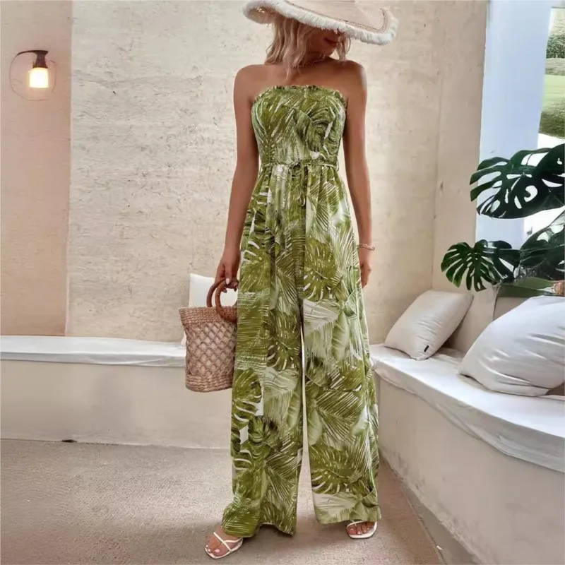 Verão sexy sem alças macacões feminino verão moda planta impressão cintura elástica festa de férias macacão