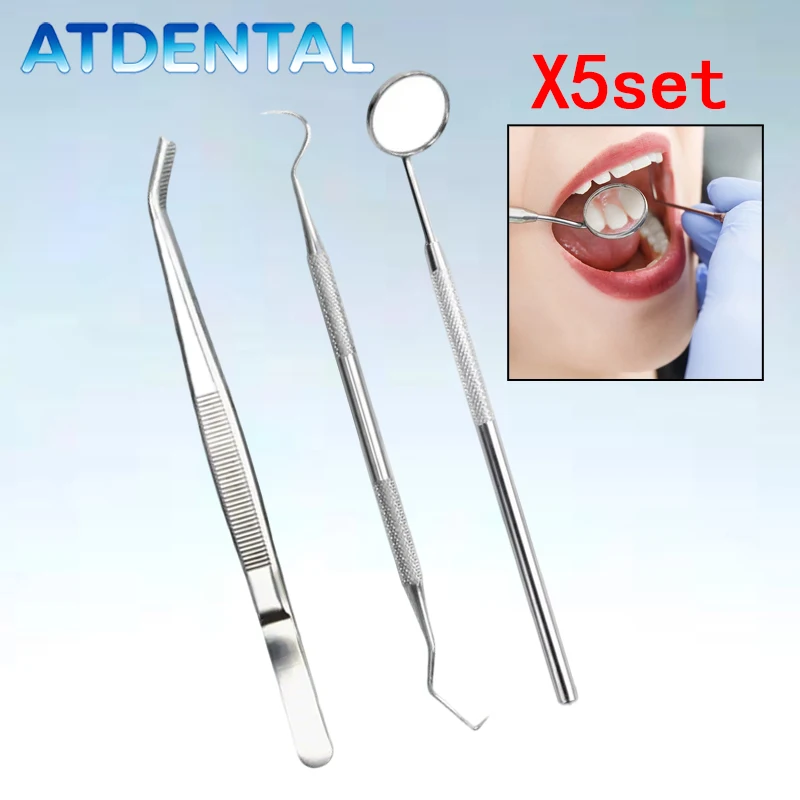 

Набор стоматологических инструментов из 5 предметов: зеркало для осмотра полости рта, щуп для десен, инструмент для удаления зубного камня, набор стоматологических инструментов в форме серпа