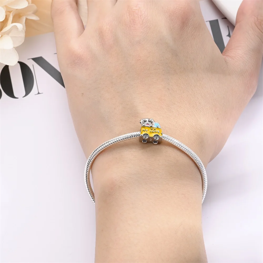 Cute 925 Sterling Silver Yellow Romantic Wagon Big Eyed Dog Charm Fit DIY Bracelet Women's Travel Jewelry Accessories