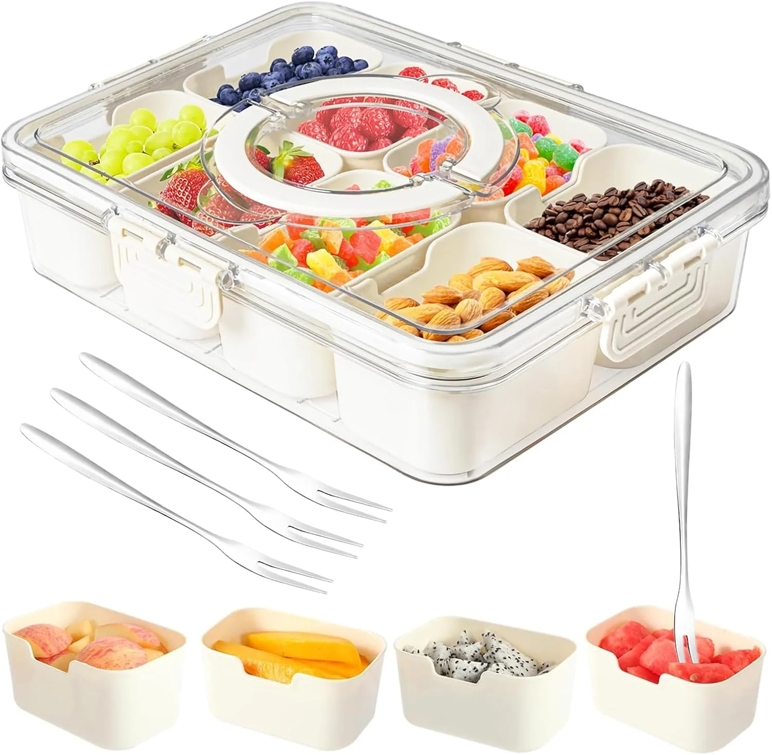 

Snackle Box Container with Lid and Handle Portable Snack Box 8 Compartment Divided Serving Tray Clear Storage Organizer