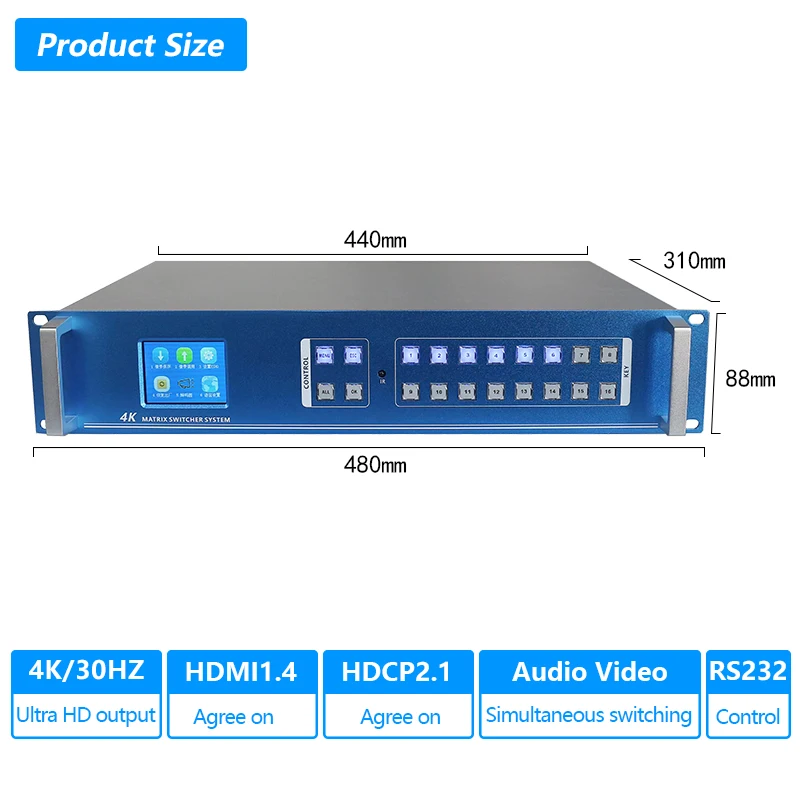 Interruptor matricial para HDMI, 8x16, 4K, 30Hz, HDCP2.1, divisor de estante Profesional, 8 en 16, con HDMI, Audio y vídeo