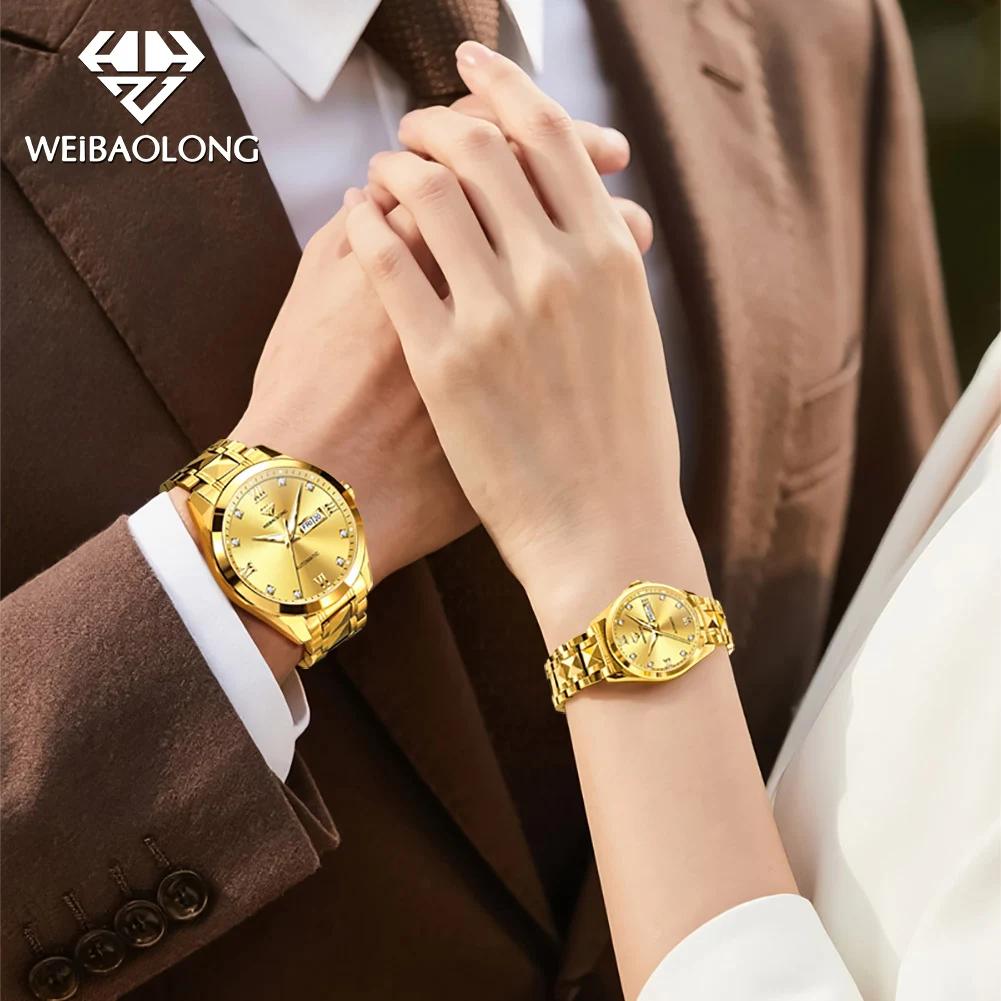 WEIBAOLONG 3803 ساعة الزوجين الماس الحقيقي المستوردة التلقائي ساعات الحركة الميكانيكية للرجال النساء تاريخ السيارات مقاوم للماء