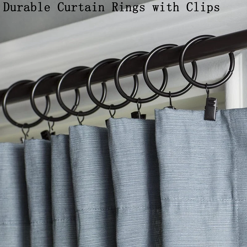 16 Pack Curtain Rings With Clips,Window Clip Rings Black Curtain Hooks Hangers Clip Rings For Hanging,1.26 Inch Diameter Durable