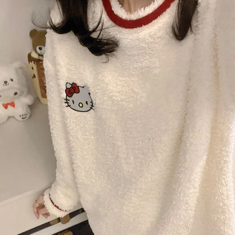 لطيف عارضة مريحة الكرتون HelloKitty نصف المخملية منامة للفتيات الخريف والشتاء سميكة المرجان المخملية الدافئة ملابس المنزل مجموعة #1