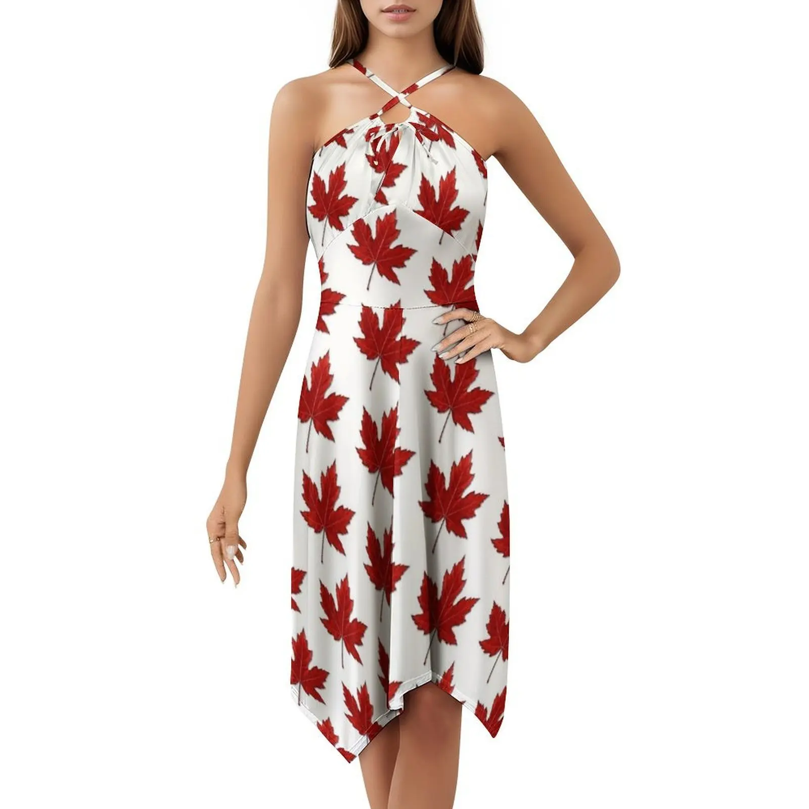 مابل ليف العلم الكندي فستان سموك الأزهار للنساء الربيع الصيف فستان كاجوال للحزب كندا يوم العلم الكندي مابل ليف