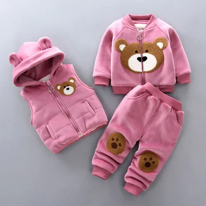 2023 Winter Baby Boy Clothes Sets Autumn Cotton Thick Warm Hooded Sweater Cartoon Cute Bear Three-Piece Baby Girl Suit 0-5Y