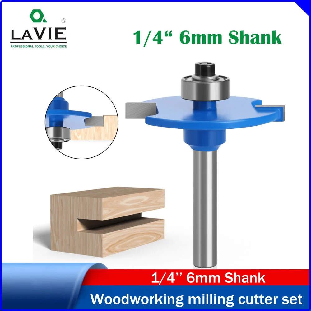 

LAVIE 6mm & 1/4" Shank Bearing T-Shape Router Bit, Blue Woodworking Grooving Bit, Carbide Tip Slot Cutter for Trimmer