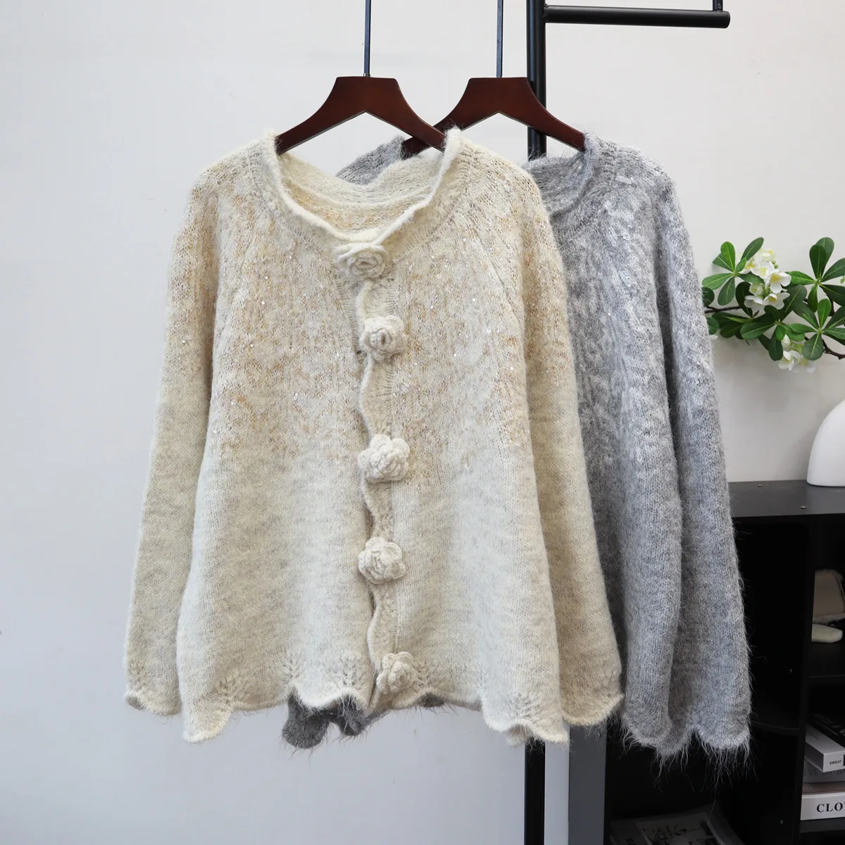 

Women Coats Cardigan Sweaters Jackets Floral Sequins Full Sleeve Jumpers Y2k Streetwear Elegant Knit Open Stith Autumn Winter