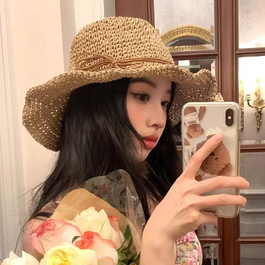 جديد عطلة الشاطئ صياد قبعة شاطئ البحر حماية الشمس قبعة الشمس كبيرة حافة القوس المنسوجة القش قبعة المرأة بنما فاتحة الكورية #5