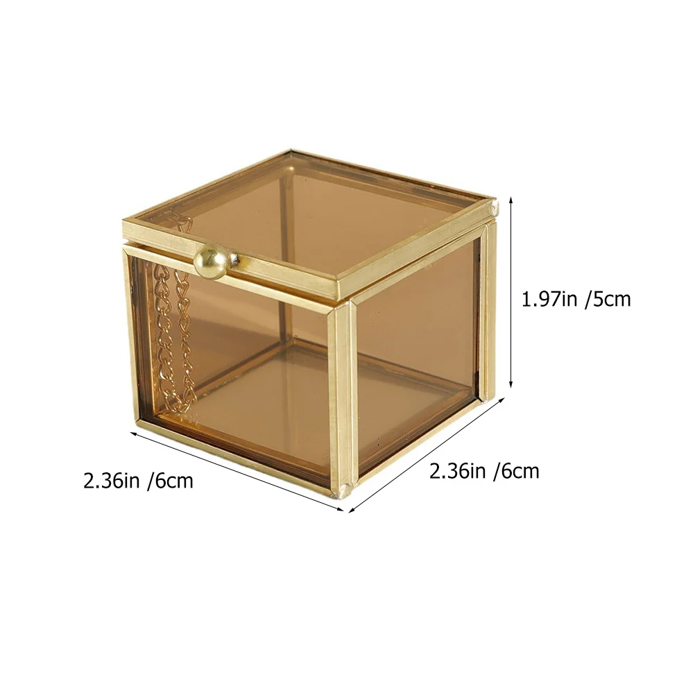 صندوق مجوهرات زجاجي مربع تصميم نحاسي عتيق للأقراط والخواتم والقلائد وتخزين منظم تذكار مكتب منزلي #2