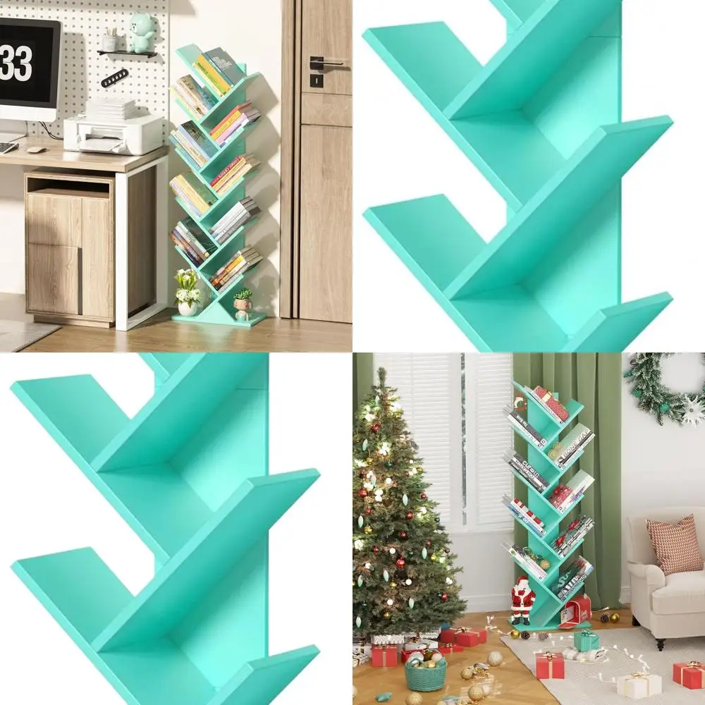 

Green Floor Standing 10-Tier Wooden Bookshelf for Compact Spaces, Storage Organizer for Books, CDs, and Magazines, Suitable for