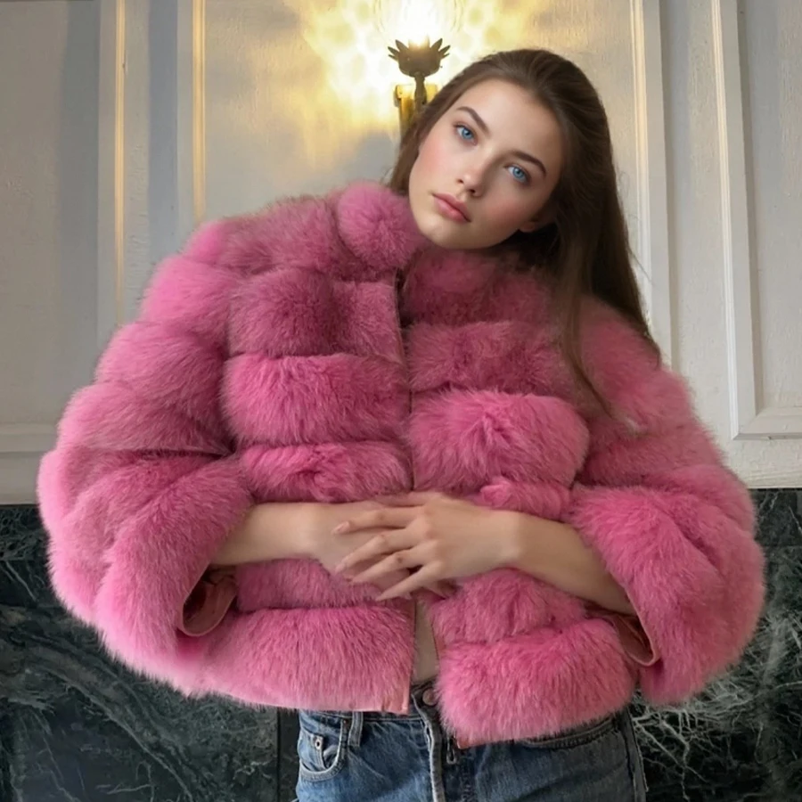 Cappotto di pelliccia di volpe rosa con colletto Giacca di pelliccia corta Giacca con cerniera in vera pelliccia di volpe Giacca corta di pelliccia naturale da donna più venduta