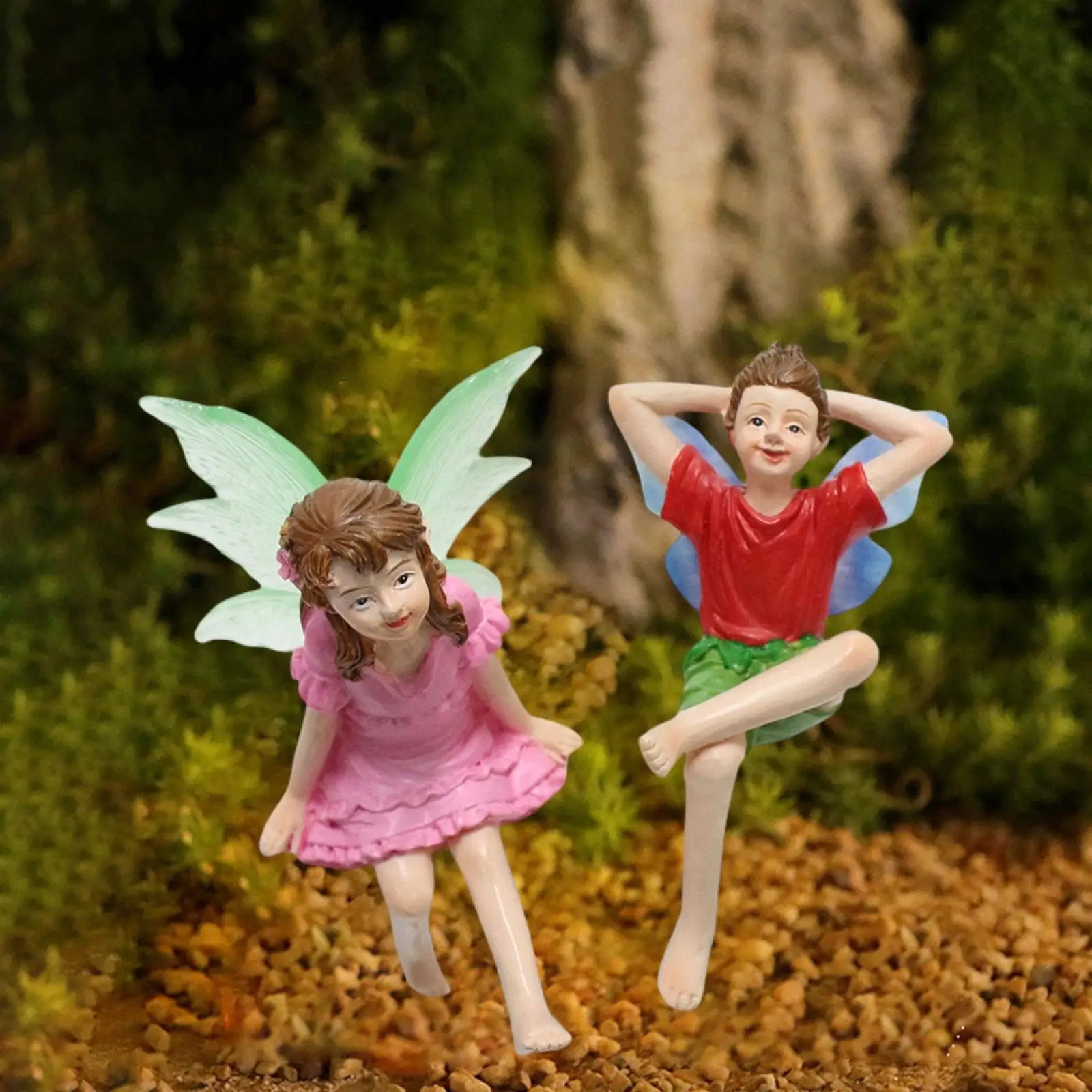 2Pcs Mini Fairy Garden Statues Decorative Lawn Ornament Tiny Resin Figure Sculptures for Bonsai Backyard Planter Lawn Balcony