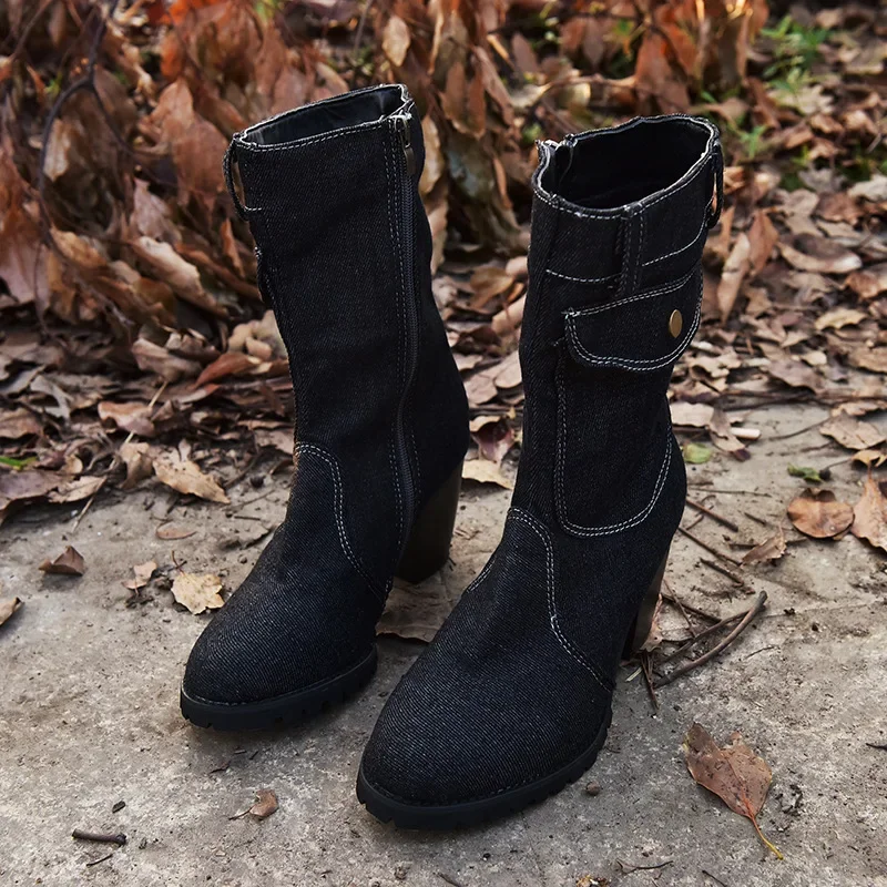 Jeans Mid-calf Boots Women\'s Ankle Boot Autumn winter warm Rome Solid Slip-On Chunky Heels Vintage Ladies Shoes Botas de mujer