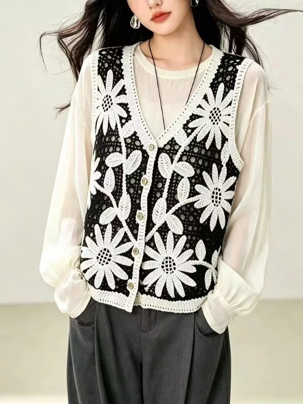 Authentic Vintage Hollow out Hook Design Sweater Vest Top Women's Fashion Outerwear Long Sleeve Regular Length Jacket