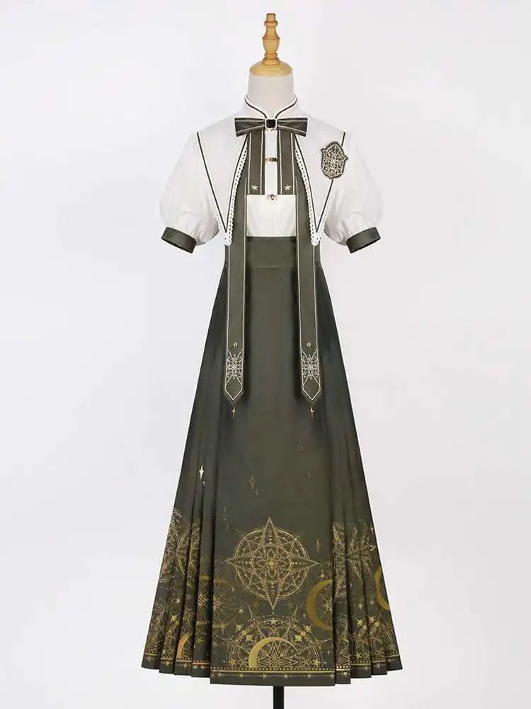 

New Mysterious Magic Chinese Style Lolita Improve Han Elements T-shirt Tops Summer College Suit Long Skirt Women Costume