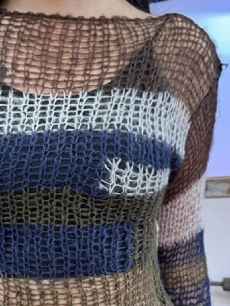 Gótico oco para fora camisola de malha feminina ver através y2k topos estéticos contraste cor listra pulôver grunge streetwear capas