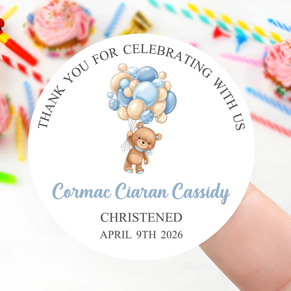 

50PCS Personalized Name Stickers Teddy with Blue Balloons Sticker, Thank You Sticker Label, Gift Label Sticker, Baptism Stickers