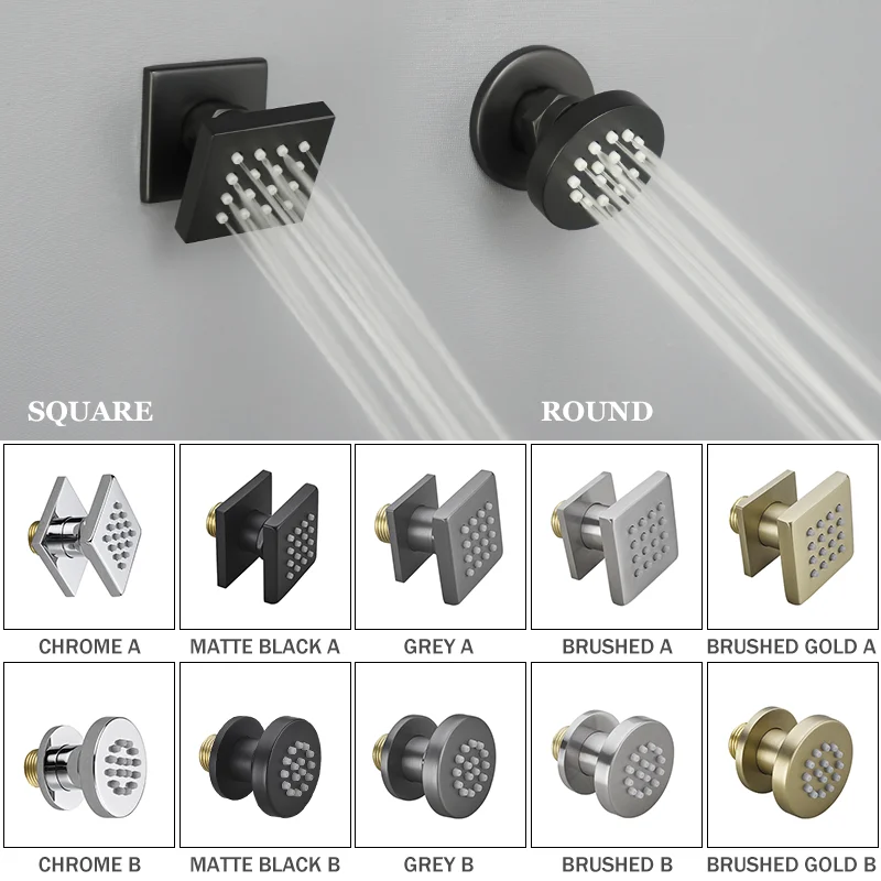 Chrome Black Body Sprays Round Square Shower Spa Massage Body Jet Grey Brushed Gold Concealed Shower Spray Head Faucet Accessory