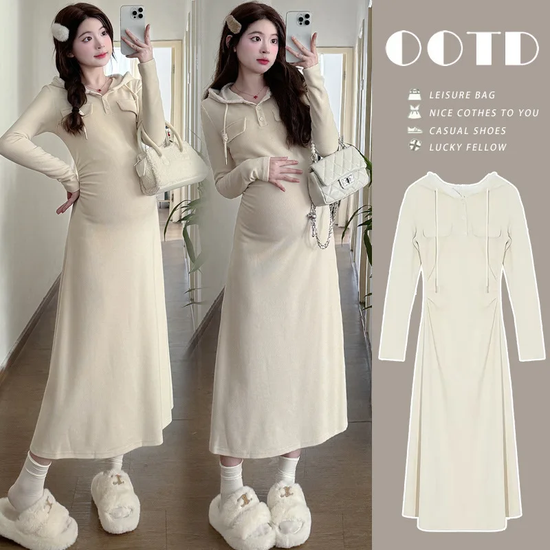 

2025 Korean Style Pregnancy Dress Autumn Hooded Knit Bodycon Dress Slim Fit Maternity Outfit Comfortable Stylish Everyday