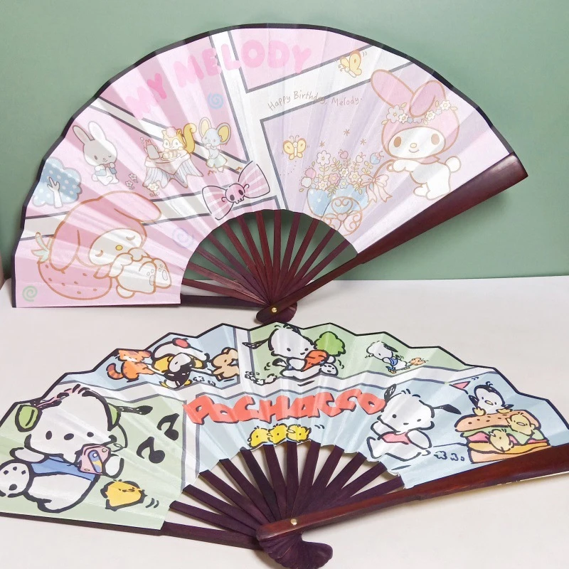 1PCS Cinnamoroll My Melody Cartoon Sanrio Kuromi Folding Fan Silk Cloth 8 Inches Gifts Home Decoration Bamboo Handle Hand Fan