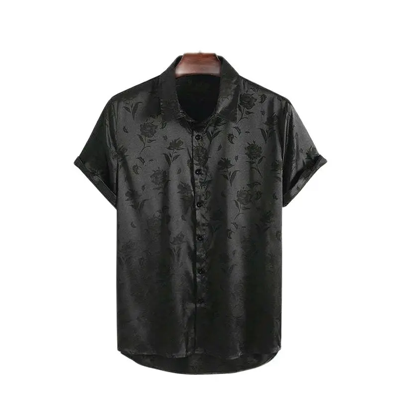 Black Floral Jacquard Silk Satin Shirt Men 2023 Brand Short Sleeve Button Up Shirts Men Summer Hawaiian Party Prom Tops Blouses