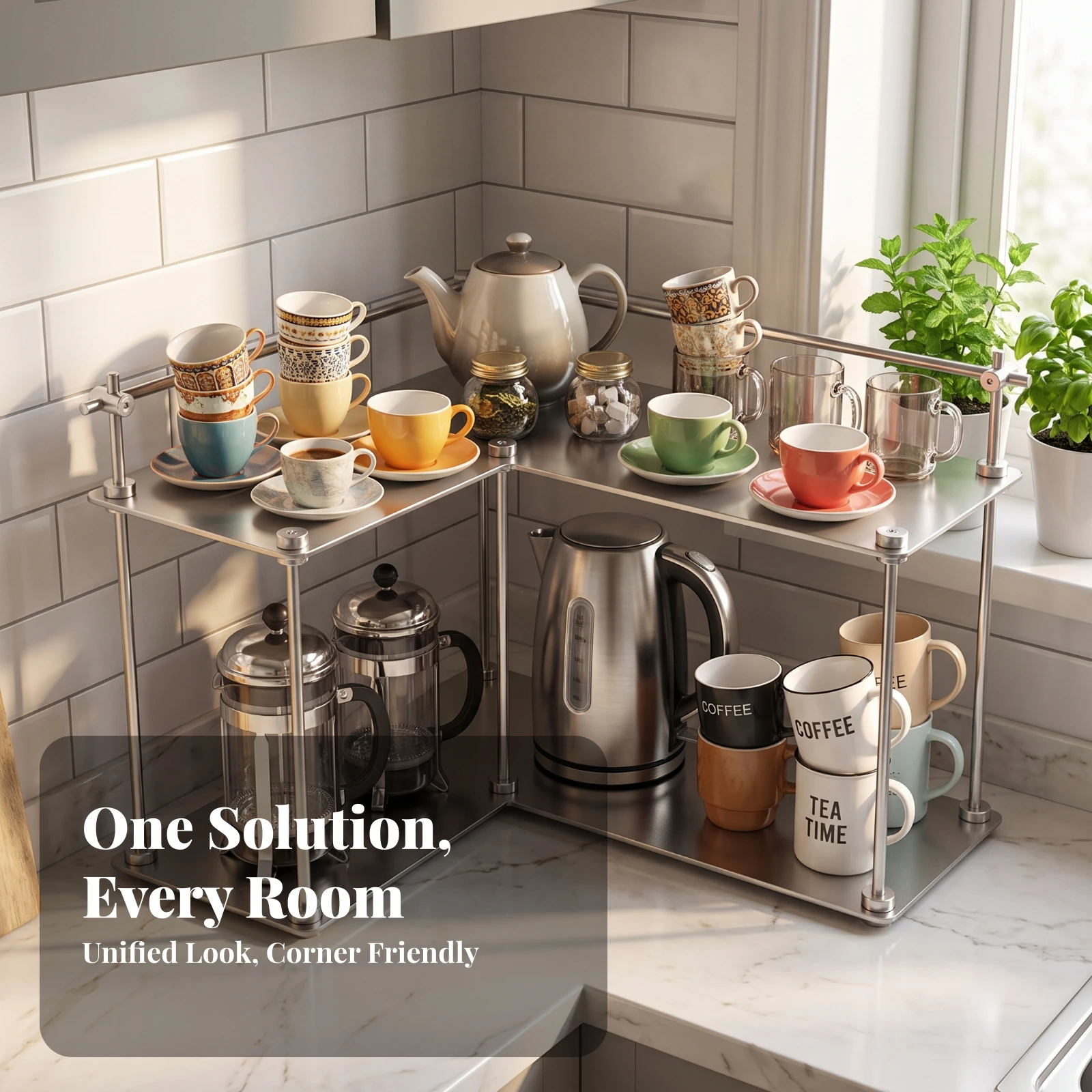 Corner Countertop Organizer Shelf Stainless Steel Corner Storage Rack Kitchen Countertop Organizer Space-Saving L-Shaped Rack