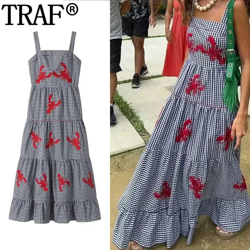 TRAF Embroidery Plaid Long Dresses Women Sleeveless Slip Midi Dress Woman Pleated Backless Beach Dress Vintage Summer Dress