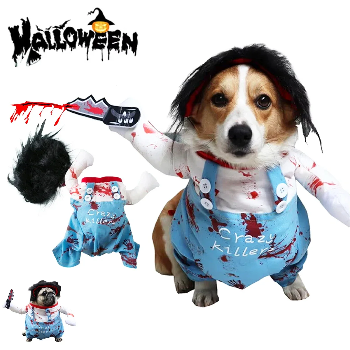 

Halloween Dog Costume Cosplay Outfits Pet Funny Dog Clothes Jumpsuit with Wig for Photography Prop Party Cats Puppy Accessories