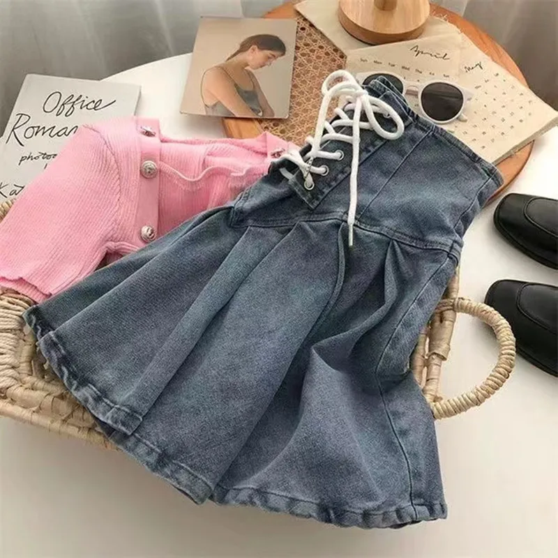 2024 Spring Autumn Girls Pleated Skirt Baby Denim Skirt Kids Skort Children Fashion Bottoms Stretchable Waist Lacing 3-14Y