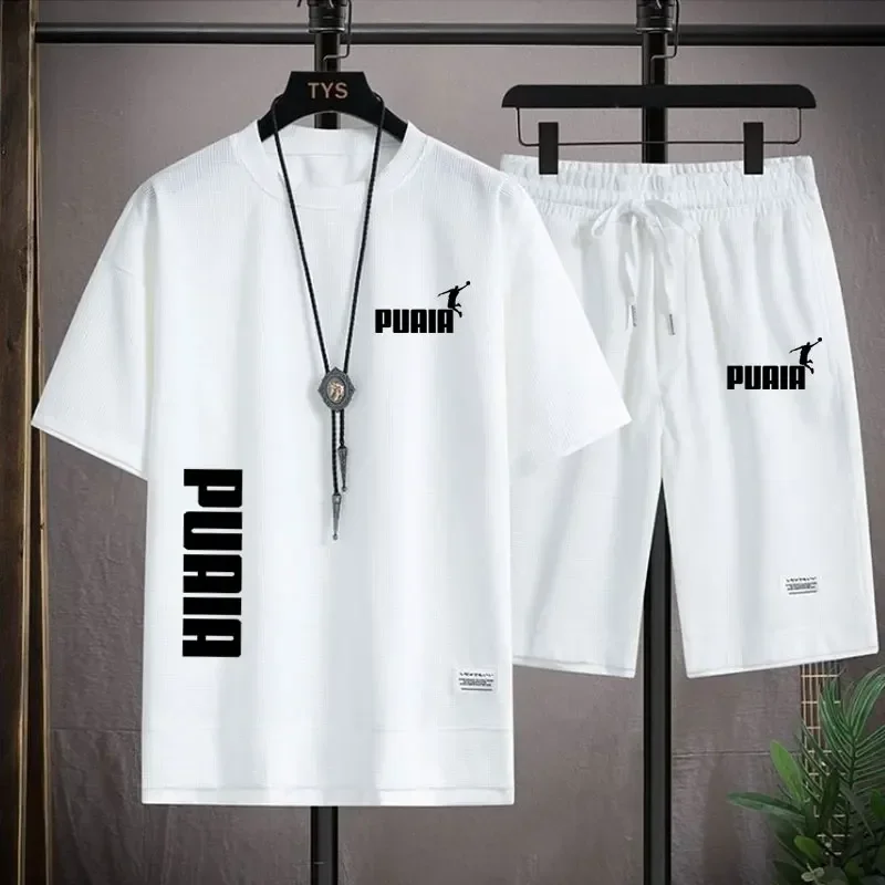 Summer Men's Waffle Sets Casual T-Shirt And Shorts Set Male Sports Suit print Tracksuit Loose Suits