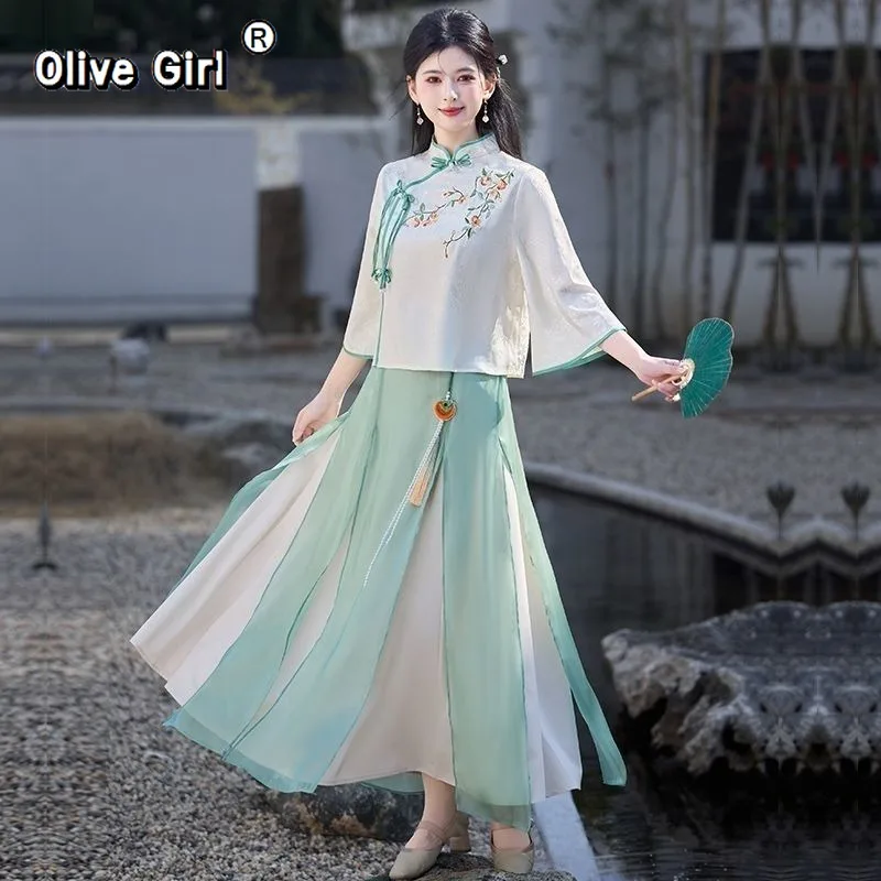 Olivegirl Women's Clothing Chinese Elegant Jacquard Embroidery Buttoned Diagonal Top Paired Improved Skirt Clothes