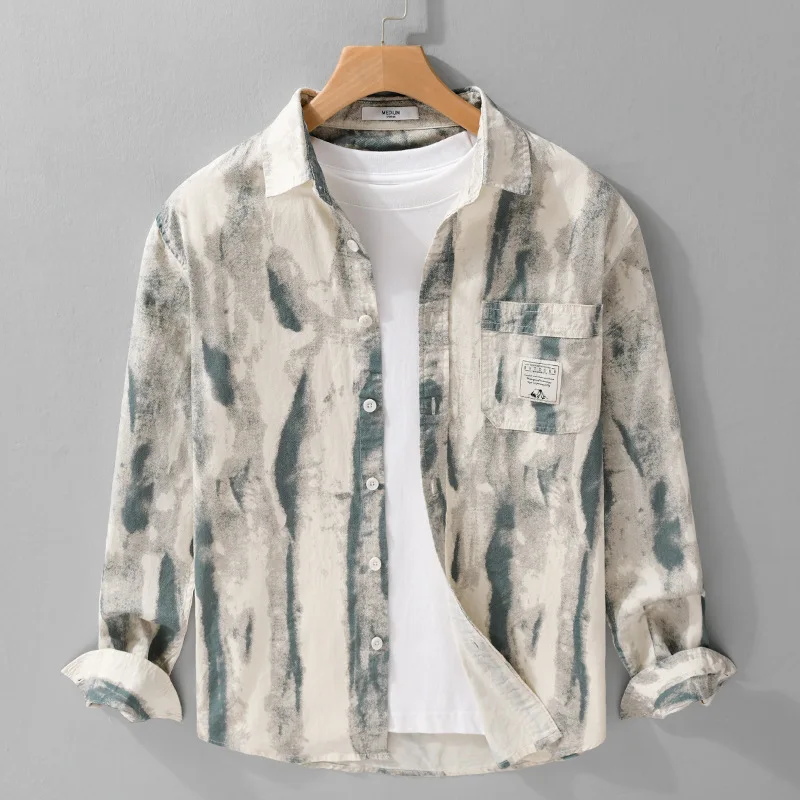 

Весенне-осенняя мужская простая модная рубашка с длинным рукавом с индивидуальным гладким принтом, модная повседневная удобная свободная рубашка