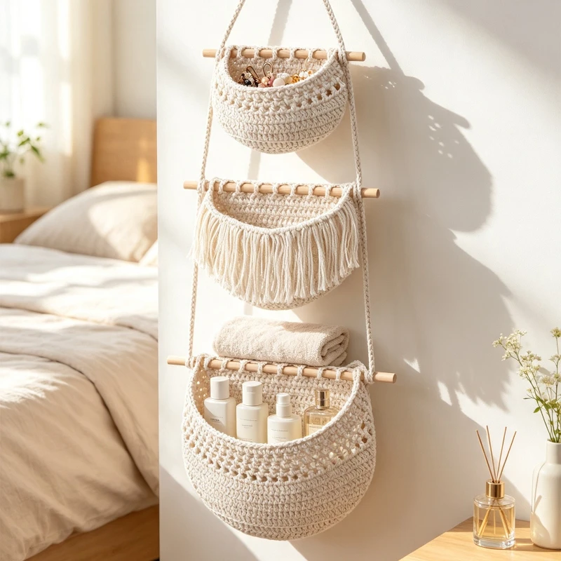 Boho Hand Woven Fruit Hanging Basket Multi-layer Wall Storage Net Bag Kitchen Vegetable Organizer Decorative Wall Pocket