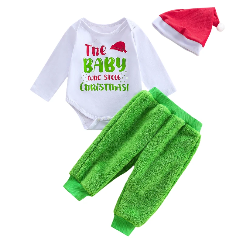 

Baby Boys Christmas Pants Sets Long Sleeve Letter Print Romper Plush Pants Hat Sets