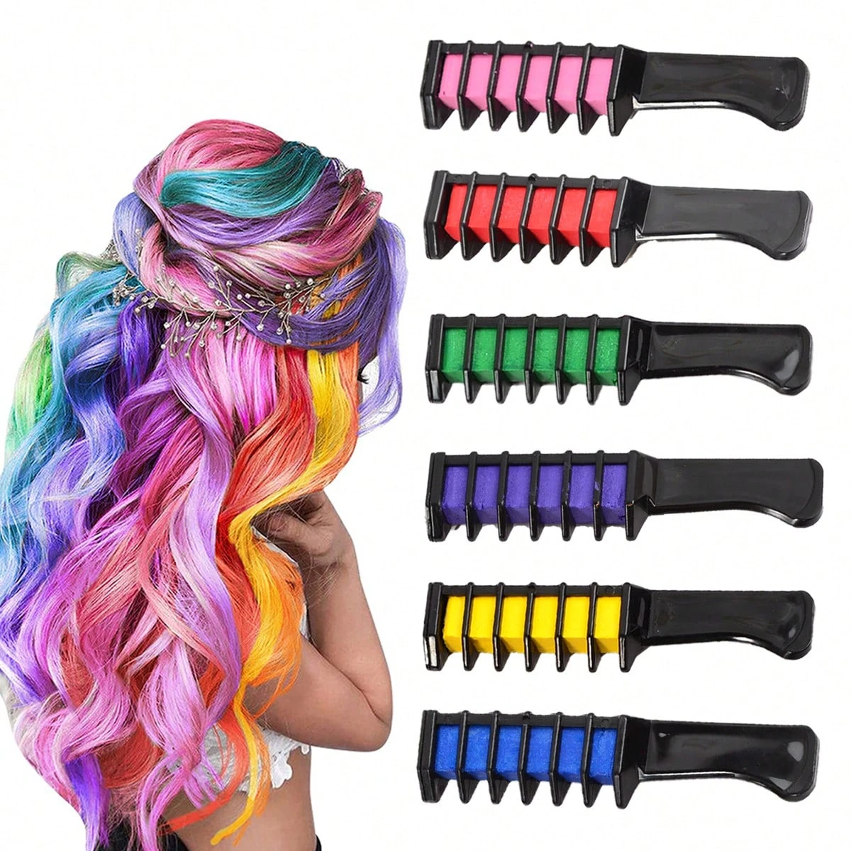 6-Piece Temporary Hair Dye Set, New Chalk Comb Temporary Washable Hair Dye, Suitable for Girls' Birthday Role-Playing DIY